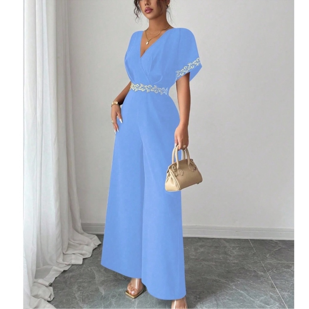 Classic V Neck Floral Lace Stretchy Waist Wide Leg Jumpsuit S M L XL